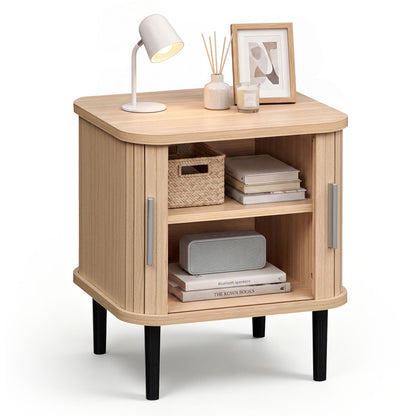 Set of 1 Fluted Nightstand with Sliding Doors and Adjustable Shelf for Small Spaces-Natural
