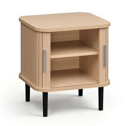 Set of 1 Fluted Nightstand with Sliding Doors and Adjustable Shelf for Small Spaces-Natural