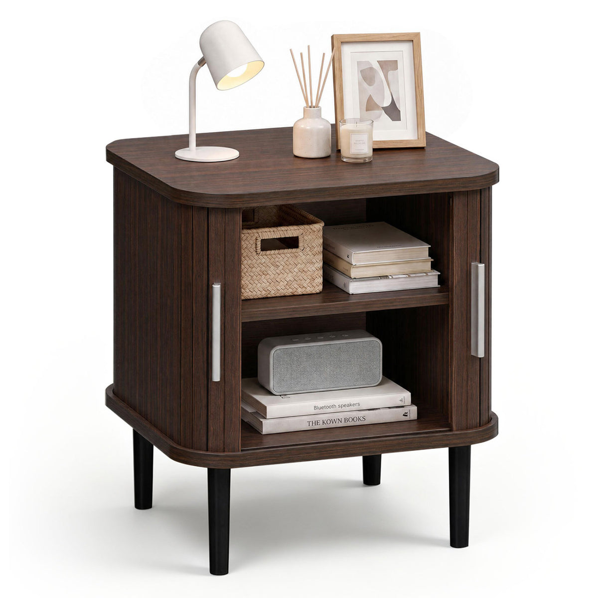 Set of 1 Fluted Nightstand with Sliding Doors and Adjustable Shelf for Small Spaces-Natural