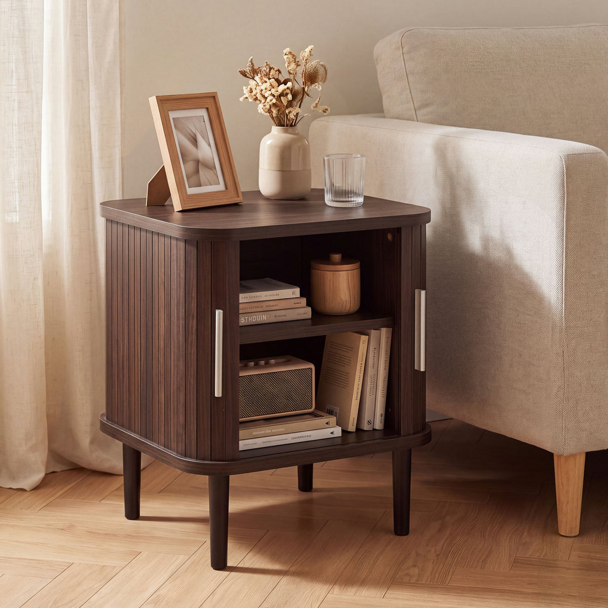 Set of 1 Fluted Nightstand with Sliding Doors and Adjustable Shelf for Small Spaces-Natural