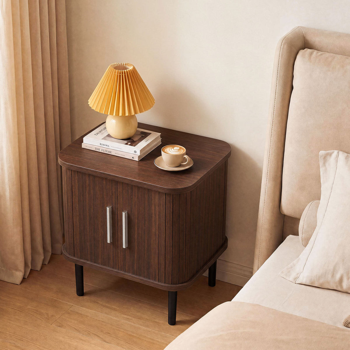 Set of 1 Fluted Nightstand with Sliding Doors and Adjustable Shelf for Small Spaces-Natural