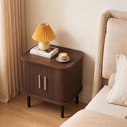 Set of 1 Fluted Nightstand with Sliding Doors and Adjustable Shelf for Small Spaces-Natural