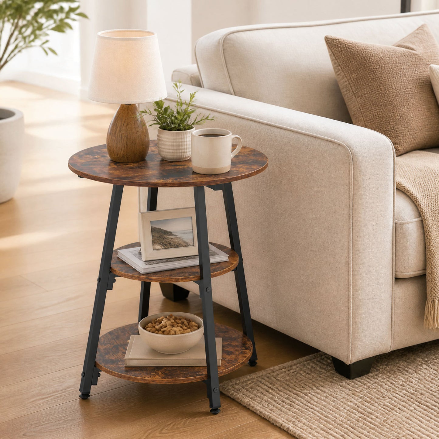 Set of 1 Industrial Side Tables with 3-Tier Shelves & Metal Frame for Small Space-Rustic Brown
