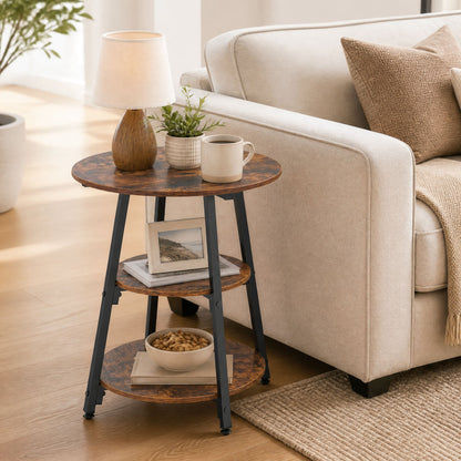 Set of 1 Industrial Side Tables with 3-Tier Shelves & Metal Frame for Small Space-Rustic Brown