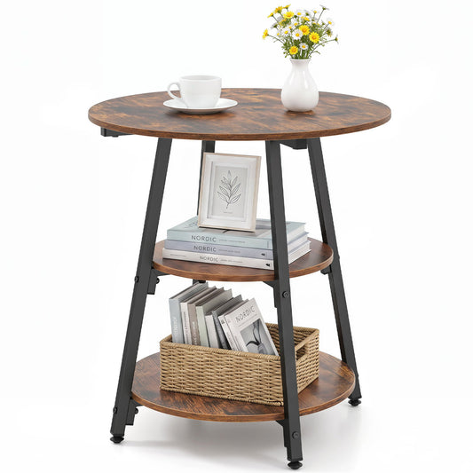 Industrial side table with 3-tier shelves and metal frame in rustic brown, ideal for small living room spaces.