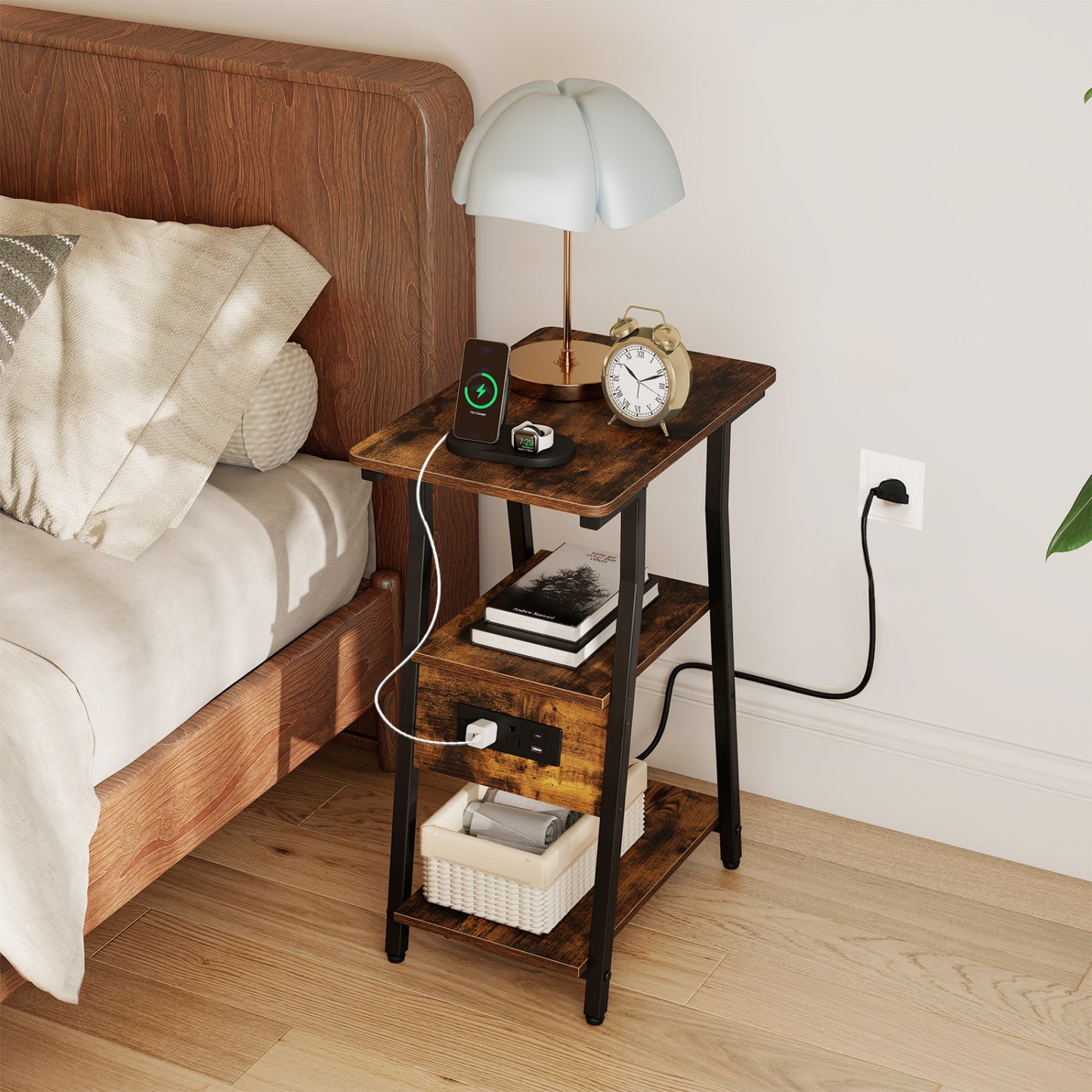 Set of 1 Industrial Side Tables with Charging Station & 3-Tier Shelves for Small Space-Rustic Brown