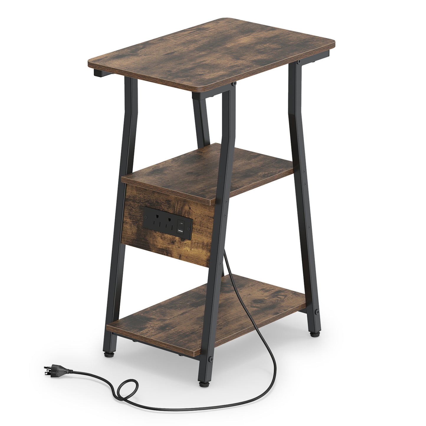 Set of 1 Industrial Side Tables with Charging Station & 3-Tier Shelves for Small Space-Rustic Brown