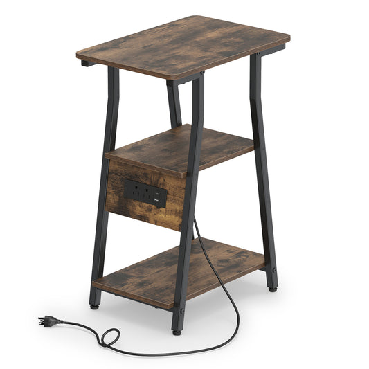 Industrial brown side table with charging station and three-tier shelves, ideal for small living room spaces.