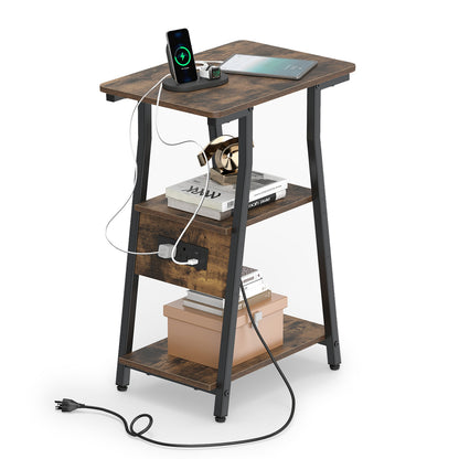 Set of 1 Industrial Side Tables with Charging Station & 3-Tier Shelves for Small Space-Rustic Brown