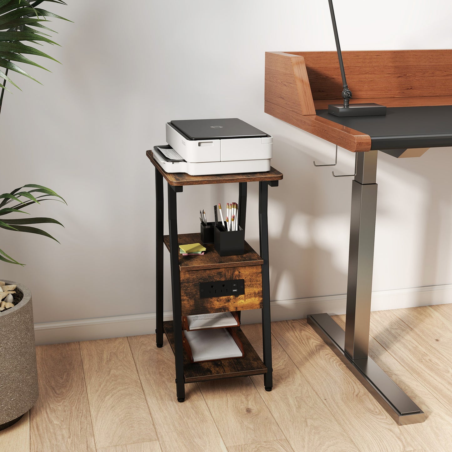 Set of 1 Industrial Side Tables with Charging Station & 3-Tier Shelves for Small Space-Rustic Brown