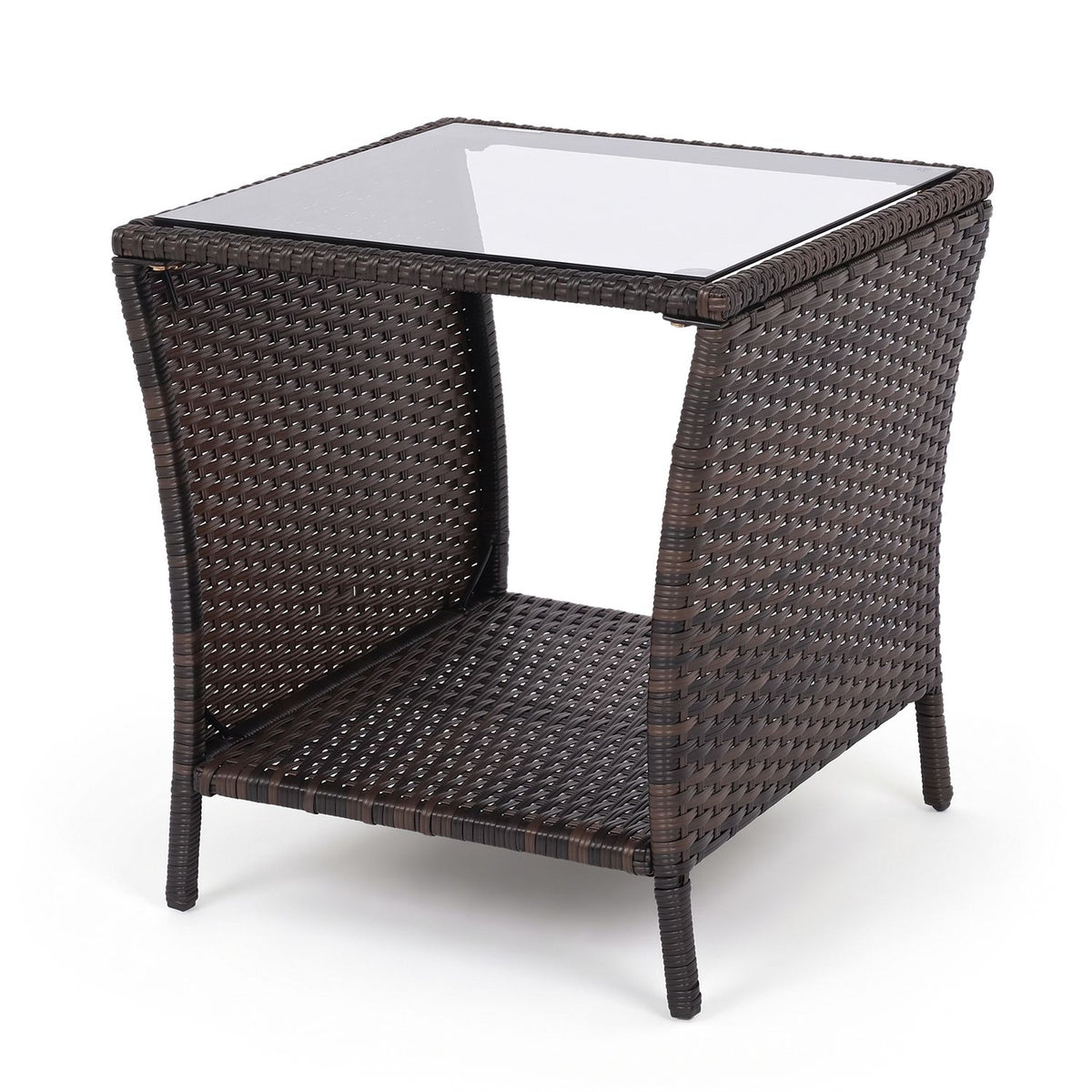 Set of two outdoor wicker side tables with tempered glass tops and storage shelves, ideal for patio outdoor furniture.