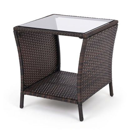 Set of two outdoor wicker side tables with tempered glass tops and storage shelves, ideal for patio outdoor furniture.