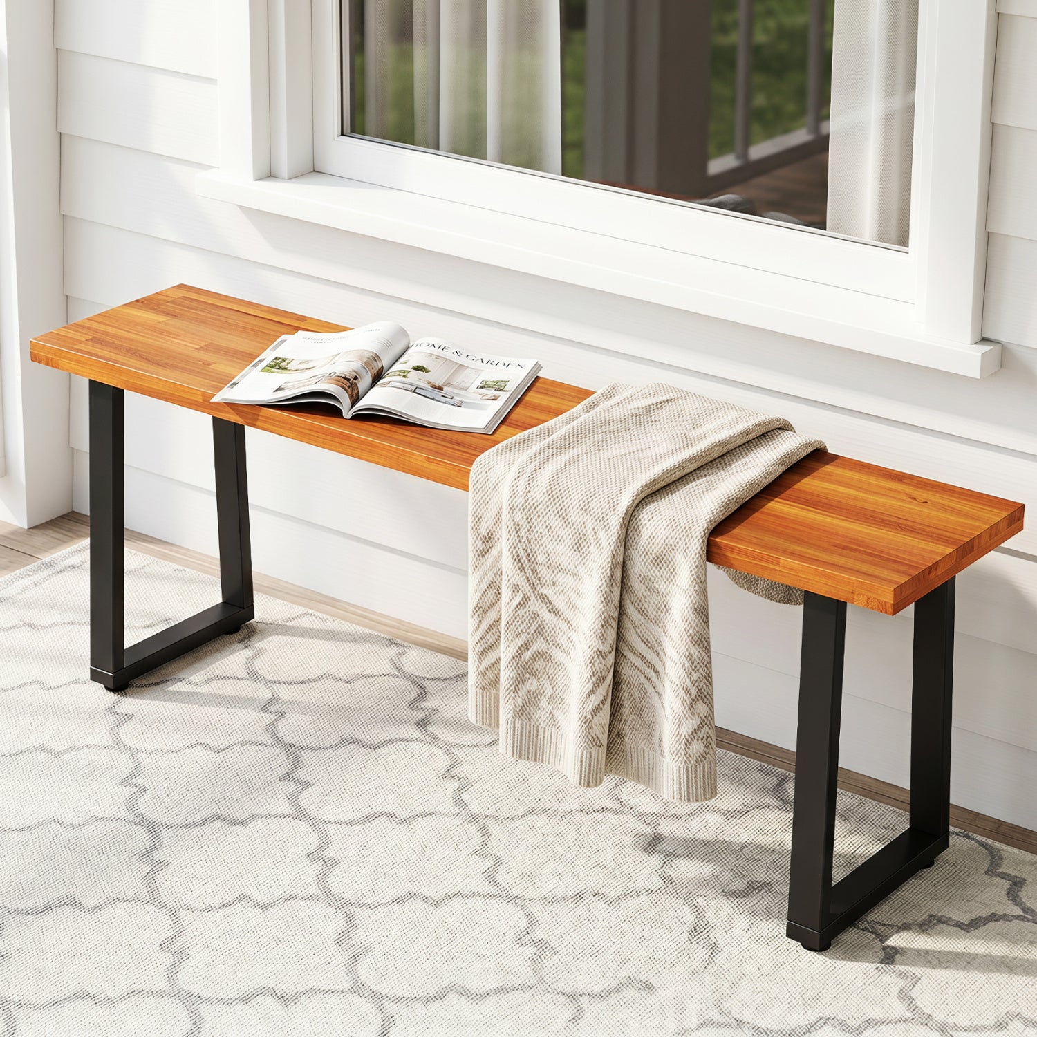 Wood patio dining bench by Wilsons Home Store, 47.5-inch outdoor bench for patio, entryway, or poolside seating.