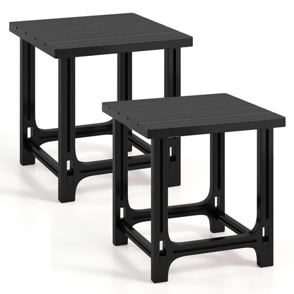 Set of 2 black 18-inch outdoor Adirondack side tables with slatted surfaces for patio use