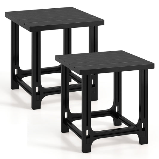 Set of 2 black 18-inch outdoor Adirondack side tables with slatted surfaces for patio use