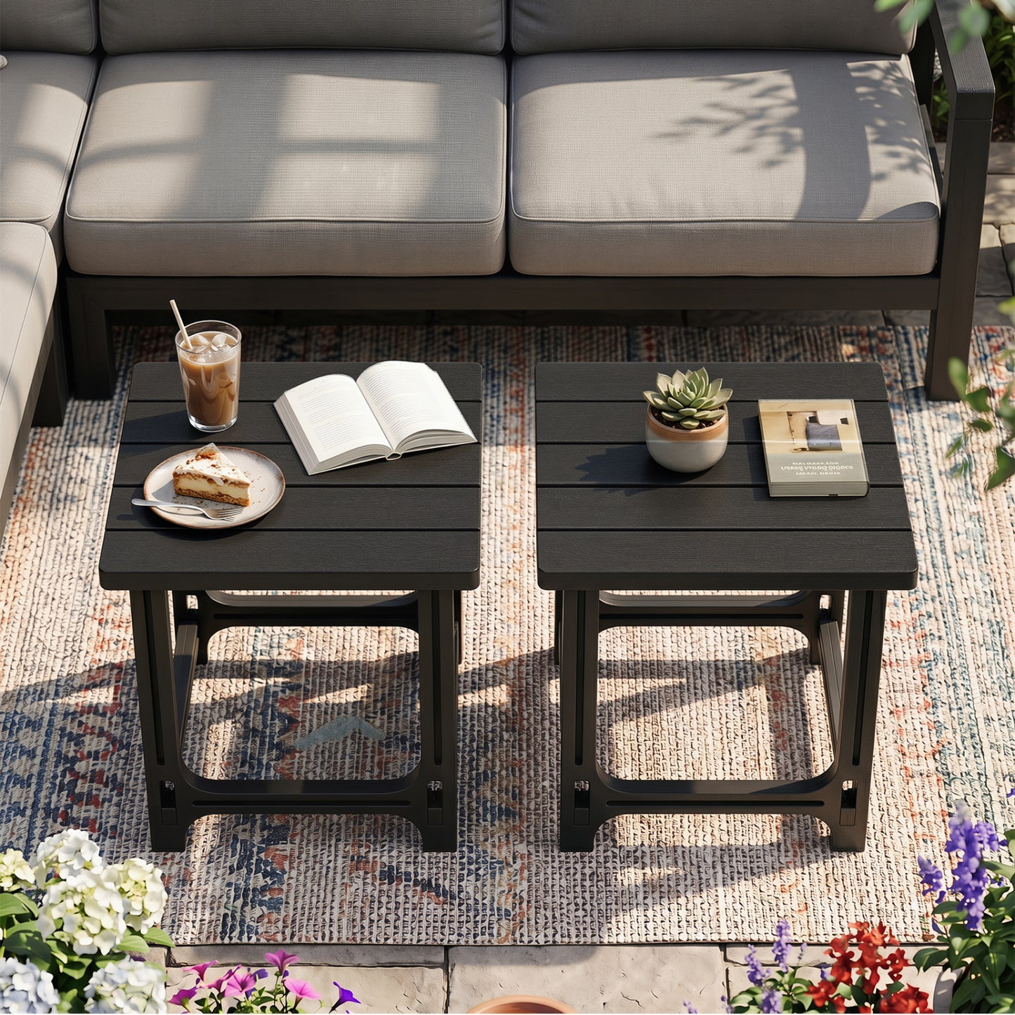 Set of 2 black 18-inch outdoor Adirondack side tables with slatted surfaces, ideal for patio or outdoor living spaces.