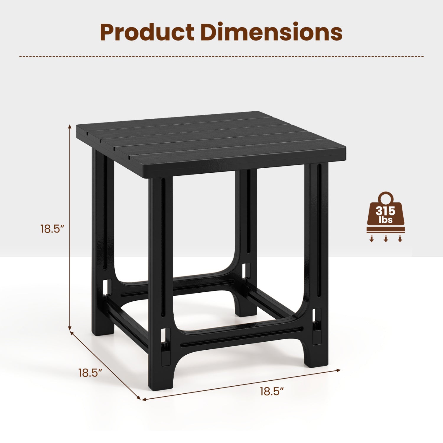 Set of 2 black 18-inch outdoor Adirondack side tables with slatted surfaces for patio or outdoor use.