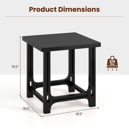 Set of 2 black 18-inch outdoor Adirondack side tables with slatted surfaces for patio or outdoor use.