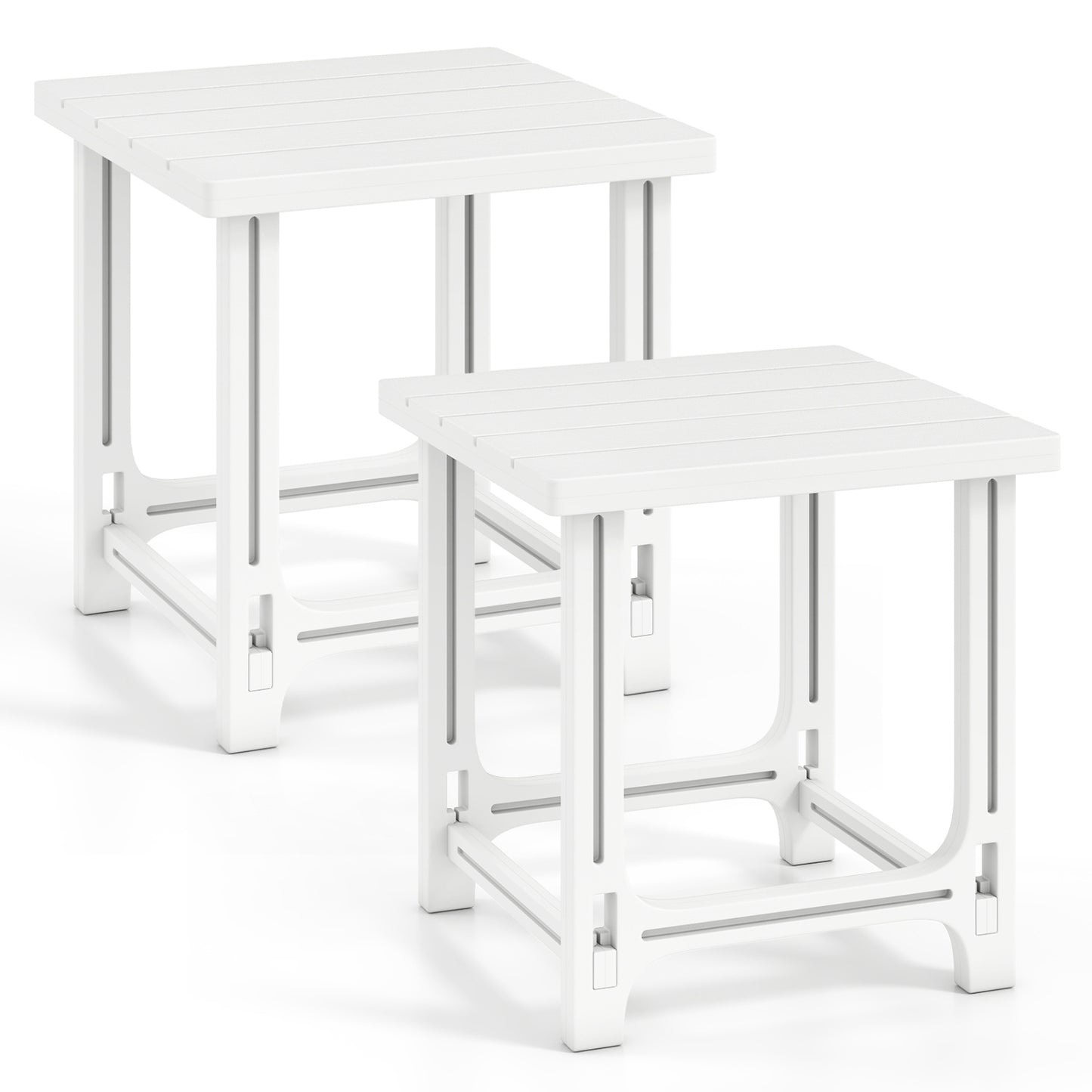 Set of 2 black 18-inch outdoor Adirondack side tables with slatted surfaces for patio or outdoor use.
