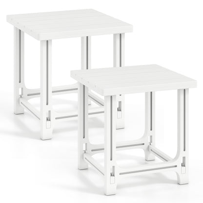Set of 2 black 18-inch outdoor Adirondack side tables with slatted surfaces for patio or outdoor use.