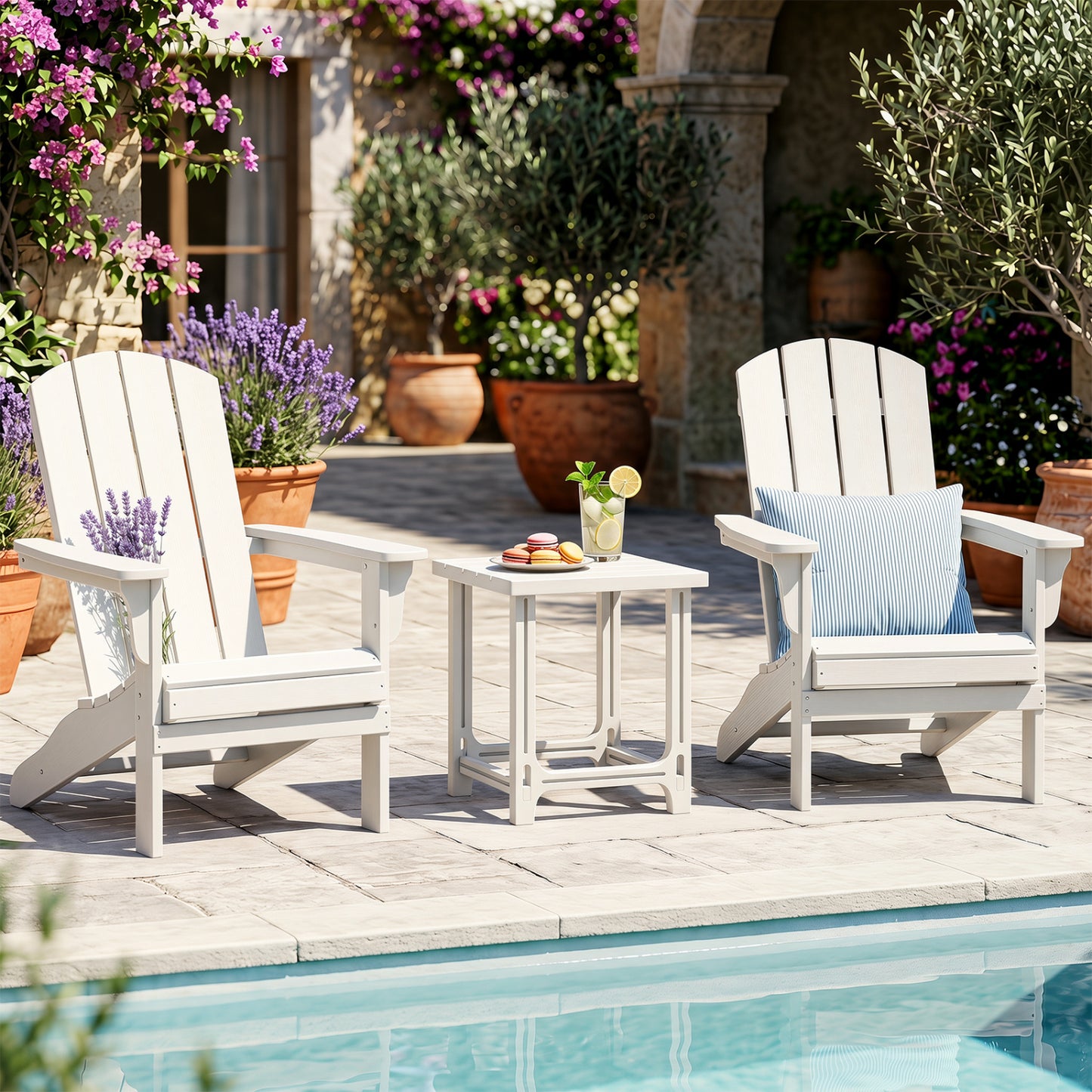 Set of 2 black 18-inch outdoor Adirondack side tables with slatted surfaces for patio use.
