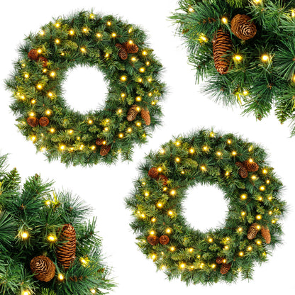 24 Inch Pre-Lit Artificial Christmas Wreath for Front Door Battery Operated-1 Piece