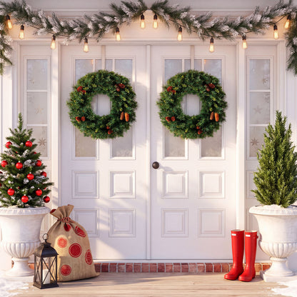 24 Inch Pre-Lit Artificial Christmas Wreath for Front Door Battery Operated-1 Piece