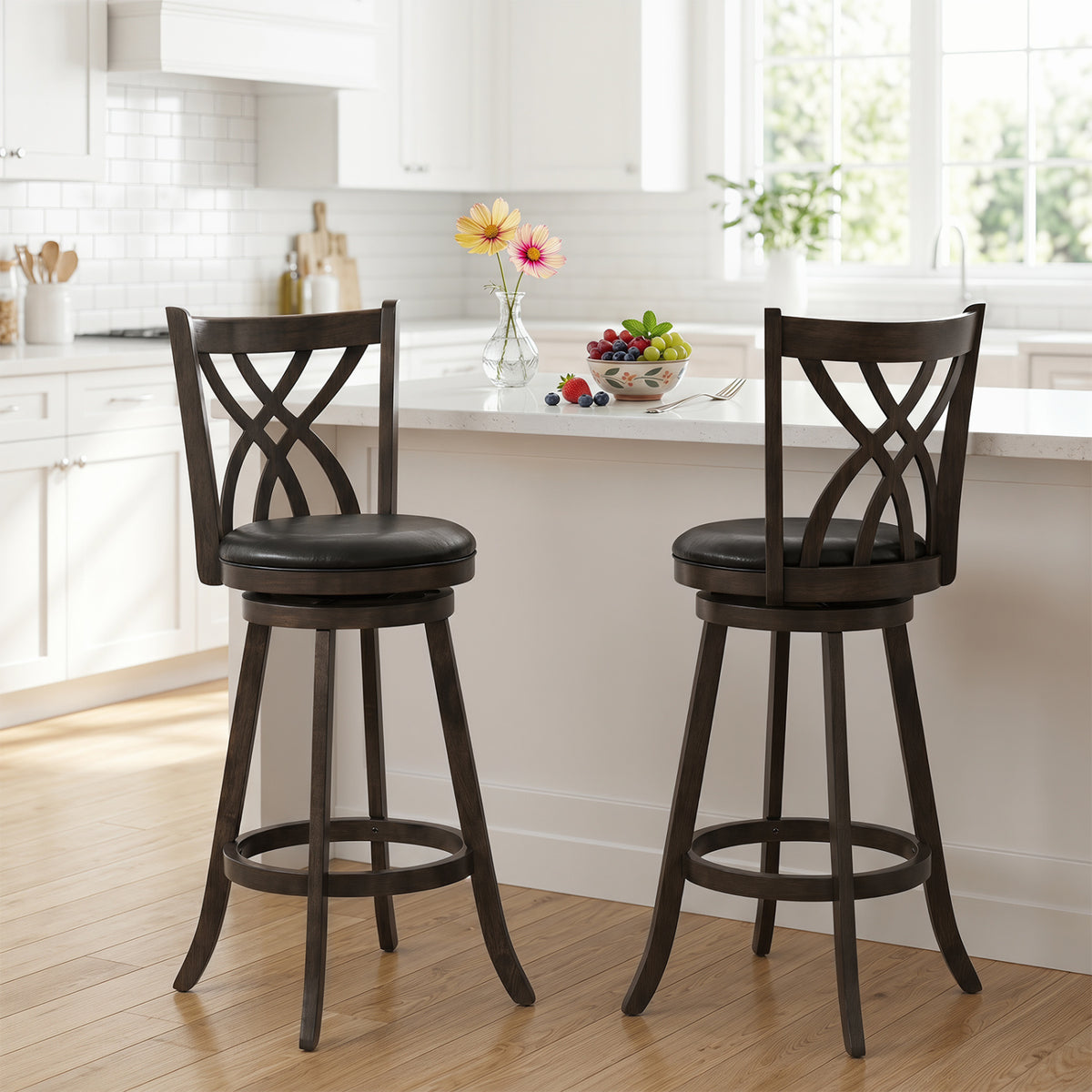 Set of 2 29-inch gray counter height bar stools with rubber wood frames and hollowed backrests, from Direct by Wilsons Home Store.
