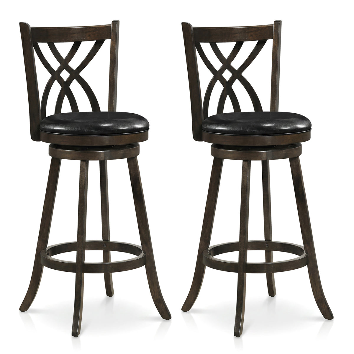 Set of 2 gray 29-inch counter height bar stools with rubber wood frames and hollowed backrests for kitchen or dining area.