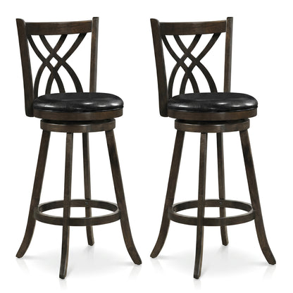 Set of 2 gray 29-inch counter height bar stools with rubber wood frames and hollowed backrests for kitchen or dining area.