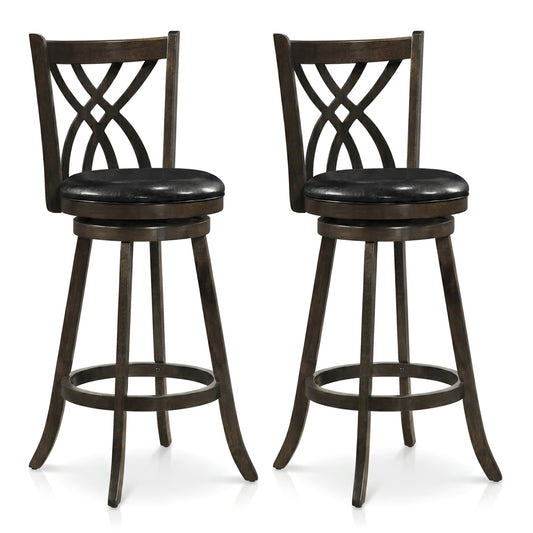 Set of 2 gray 29-inch counter height bar stools with rubber wood frames and hollowed backrests for kitchen or dining area.