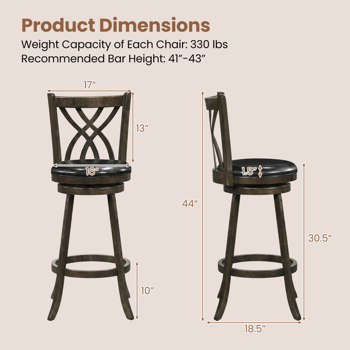 Set of 2 29-inch gray counter height bar stools with rubber wood frames and hollowed backrests from Wilsons Home Store