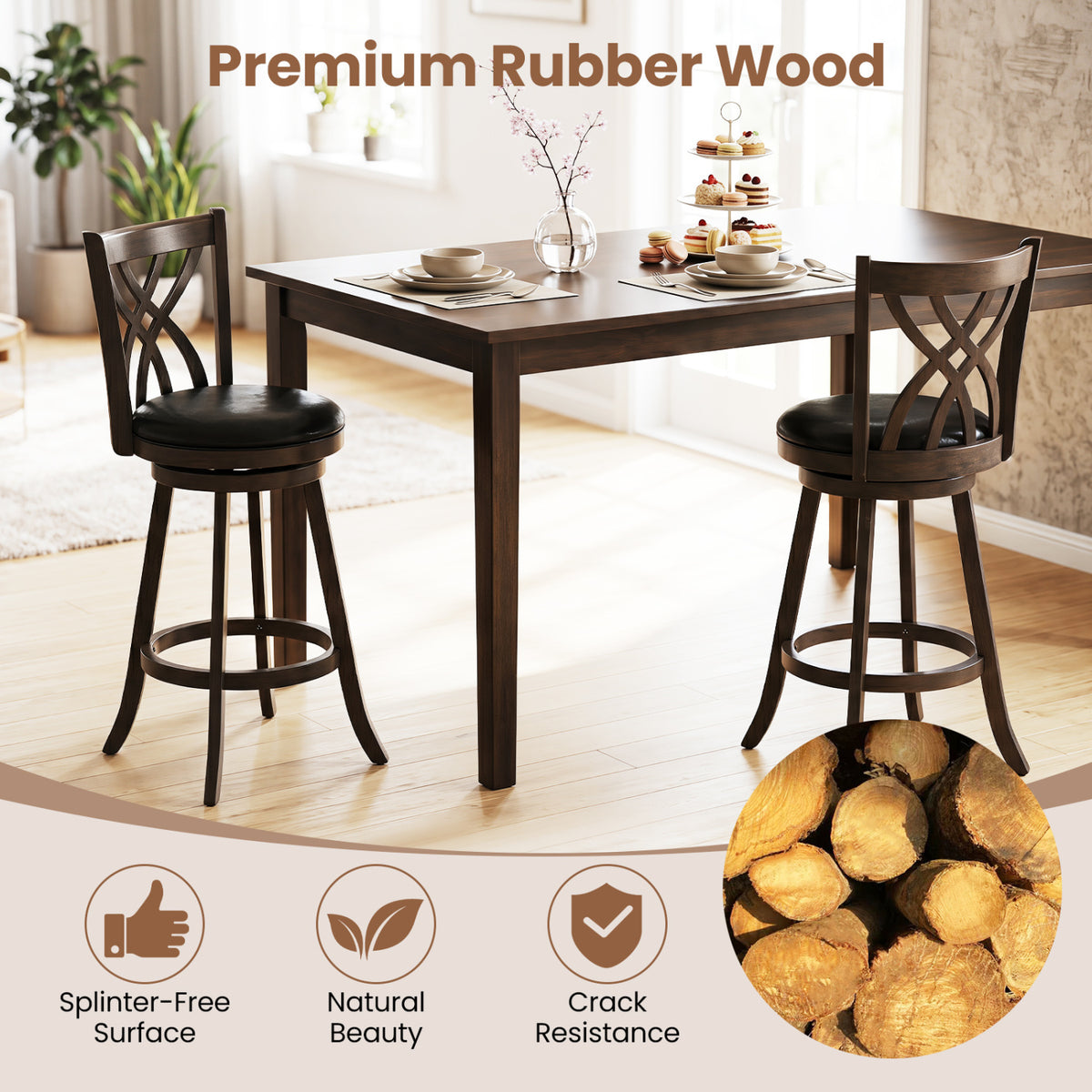 Set of 2 gray 29-inch counter height bar stools with rubber wood frames and hollowed backrests from Wilsons Home Store.