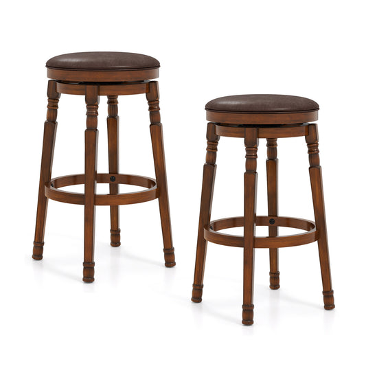 Set of 2 29-inch swivel leather padded dining bar stools with backrests, featuring a modern design and metal bases.