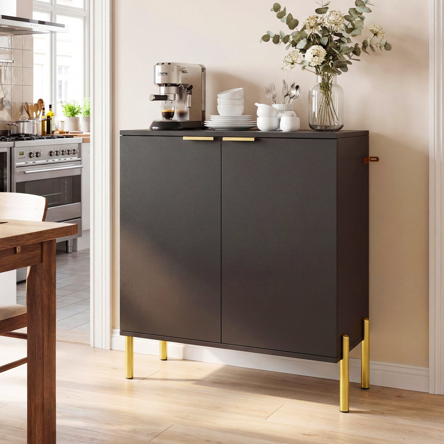 Set of 2 2-Door Buffet Cabinet Sideboard with Metal Legs-Black