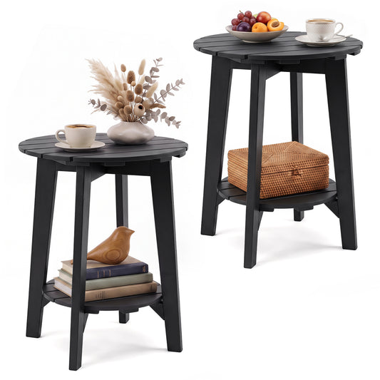 Set of 2 black outdoor eucalyptus wood 2-tier patio coffee tables with slatted tabletops and storage shelves for backyard use