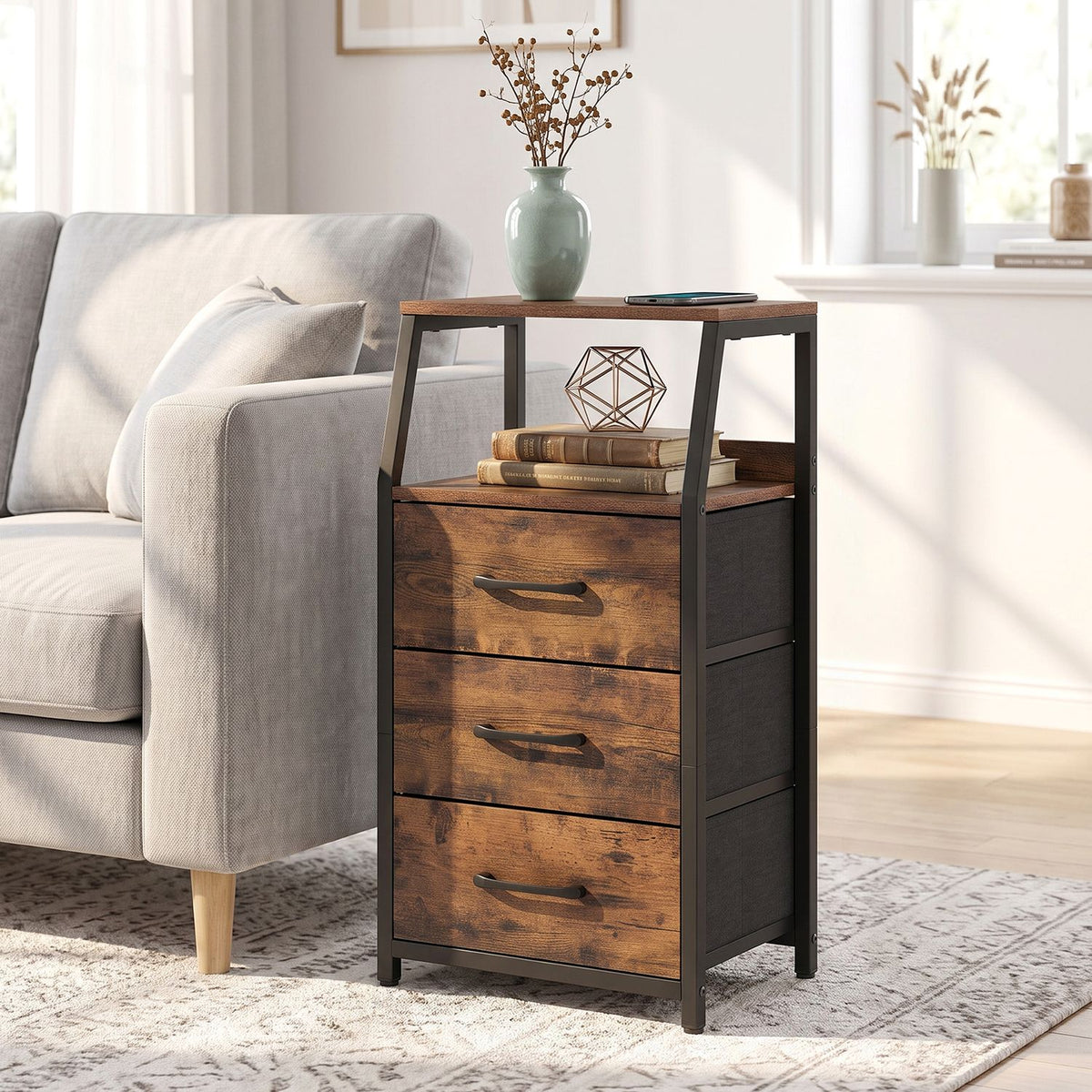 Set of 2 rustic brown 30.5-inch tall nightstands with 3 fabric drawers and open shelves, ideal for bedroom furniture.