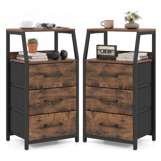 Set of 2 rustic brown 30.5-inch tall nightstands with 3 fabric drawers and open shelves, ideal for bedroom furniture.