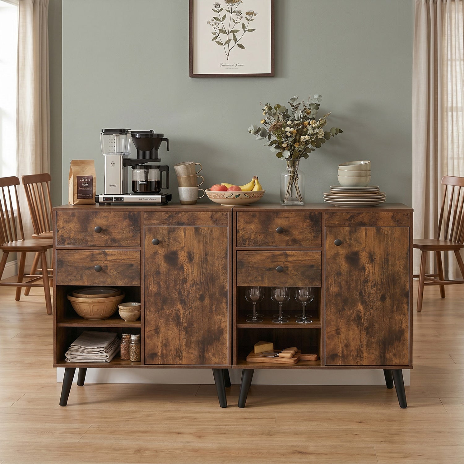 Set of 2 natural 31-inch buffet cabinets with 2 drawers and open compartments, perfect for kitchen storage, by Wilsons Home Store