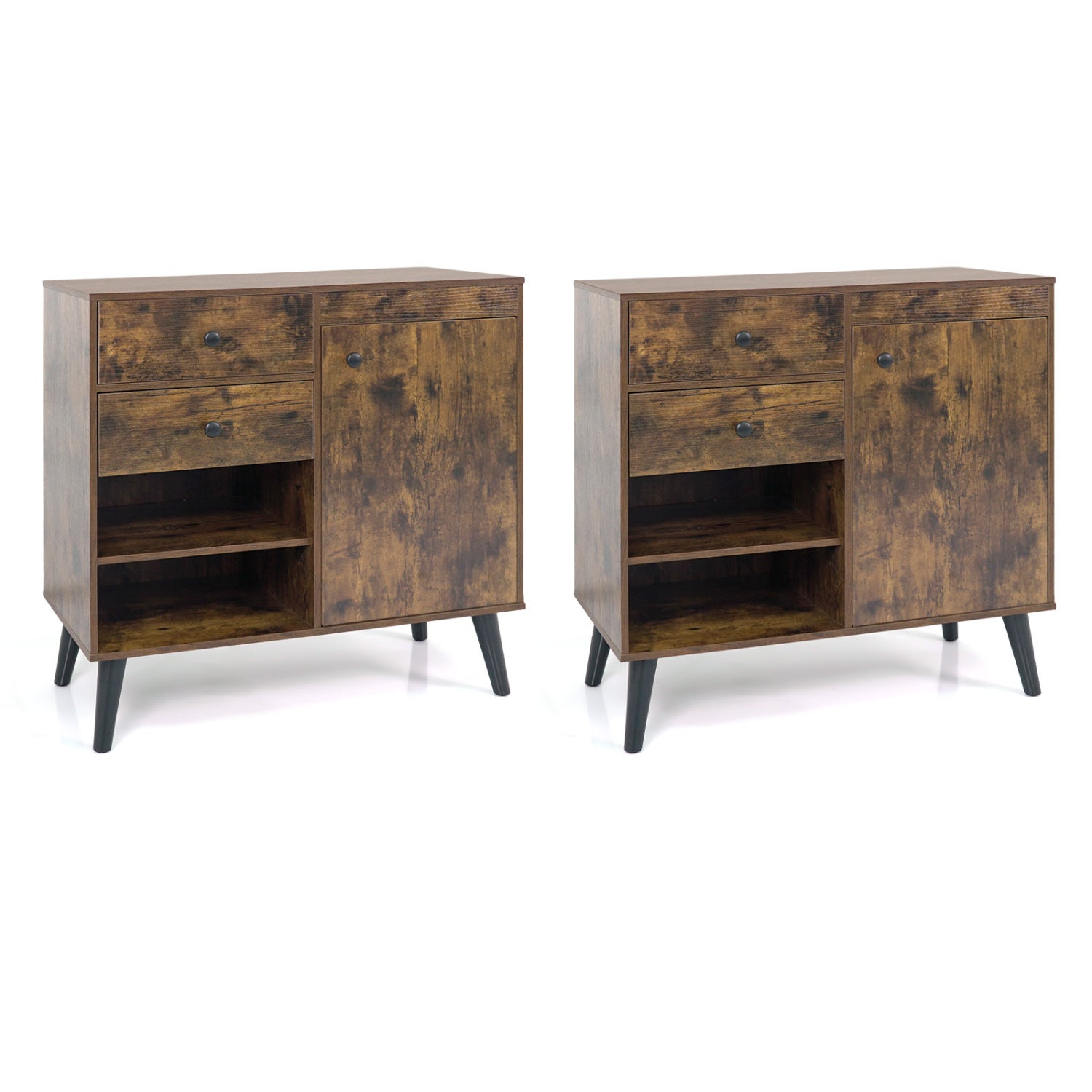 Set of 2 natural wood buffet cabinets with 2 drawers and open compartments, ideal for kitchen storage from Wilsons Home Store.