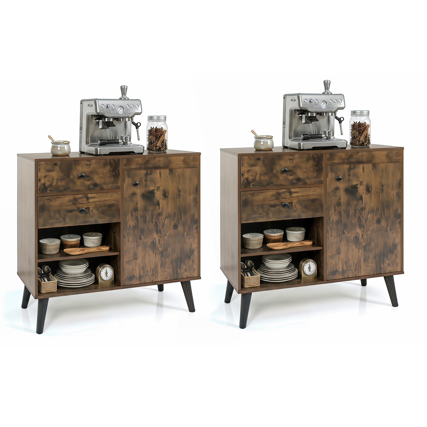 Set of 2 31-inch natural buffet cabinets with 2 drawers and open compartments, ideal for kitchen storage and dining room decor.