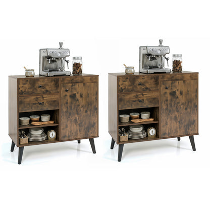 Set of 2 31-inch natural buffet cabinets with 2 drawers and open compartments, ideal for kitchen storage and dining room decor.