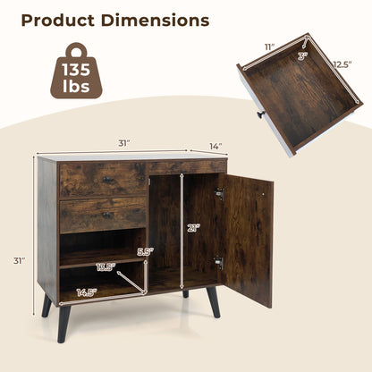Set of 2 natural wood 31-inch buffet cabinets with 2 drawers and open compartments for kitchen storage.