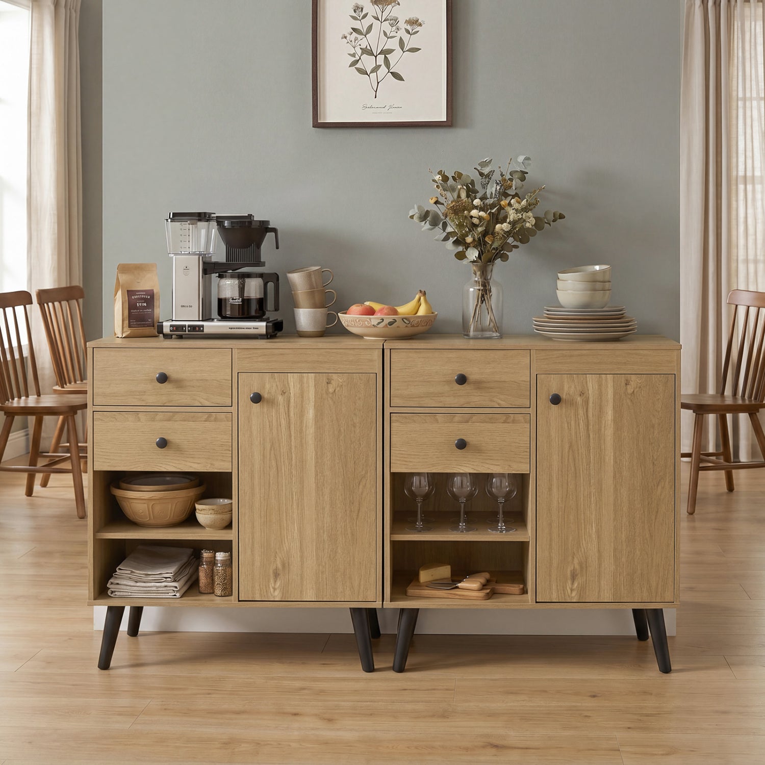 Set of 2 31-inch natural buffet cabinets with drawers and open compartments, ideal for kitchen storage by Wilsons Home Store