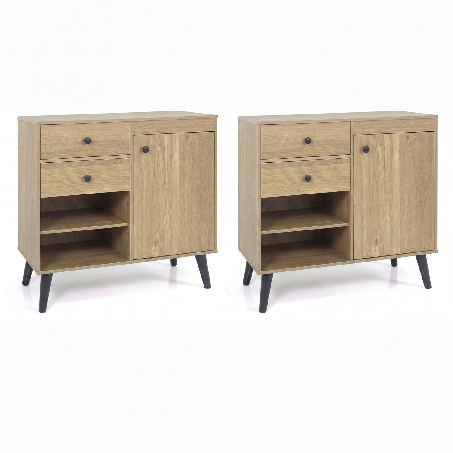 Set of 2 31-inch natural wood buffet cabinets with 2 drawers and open compartments for kitchen storage and dining room.
