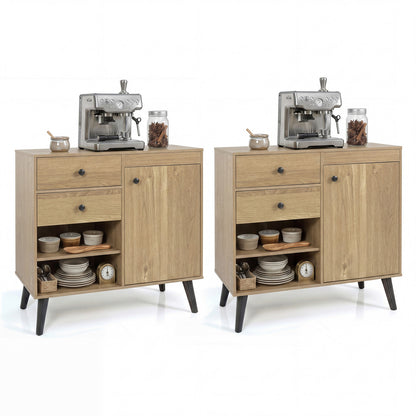Set of 2 natural wood 31-inch buffet cabinets with 2 drawers and open compartments for kitchen storage.