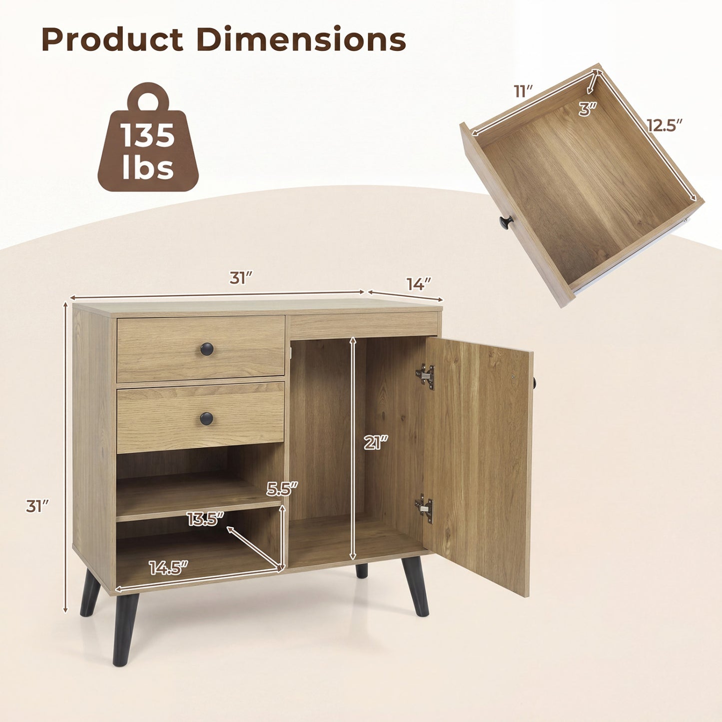 Set of 2 natural wood buffet cabinets with 2 drawers and open compartments, ideal for kitchen storage from Wilsons Home Store.
