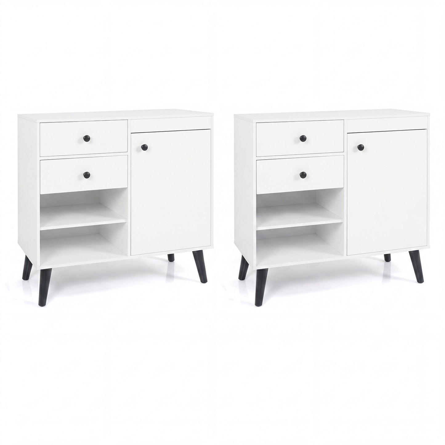 Set of 2 natural 31-inch buffet cabinets with 2 drawers and open compartments for kitchen storage, by Wilsons Home Store.