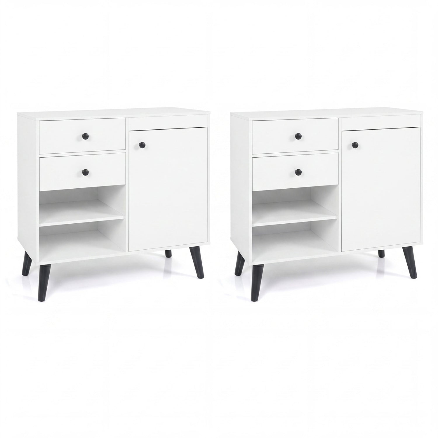 Set of 2 natural 31-inch buffet cabinets with 2 drawers and open compartments for kitchen storage, by Wilsons Home Store.