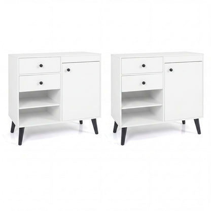 Set of 2 natural 31-inch buffet cabinets with 2 drawers and open compartments for kitchen storage, by Wilsons Home Store.